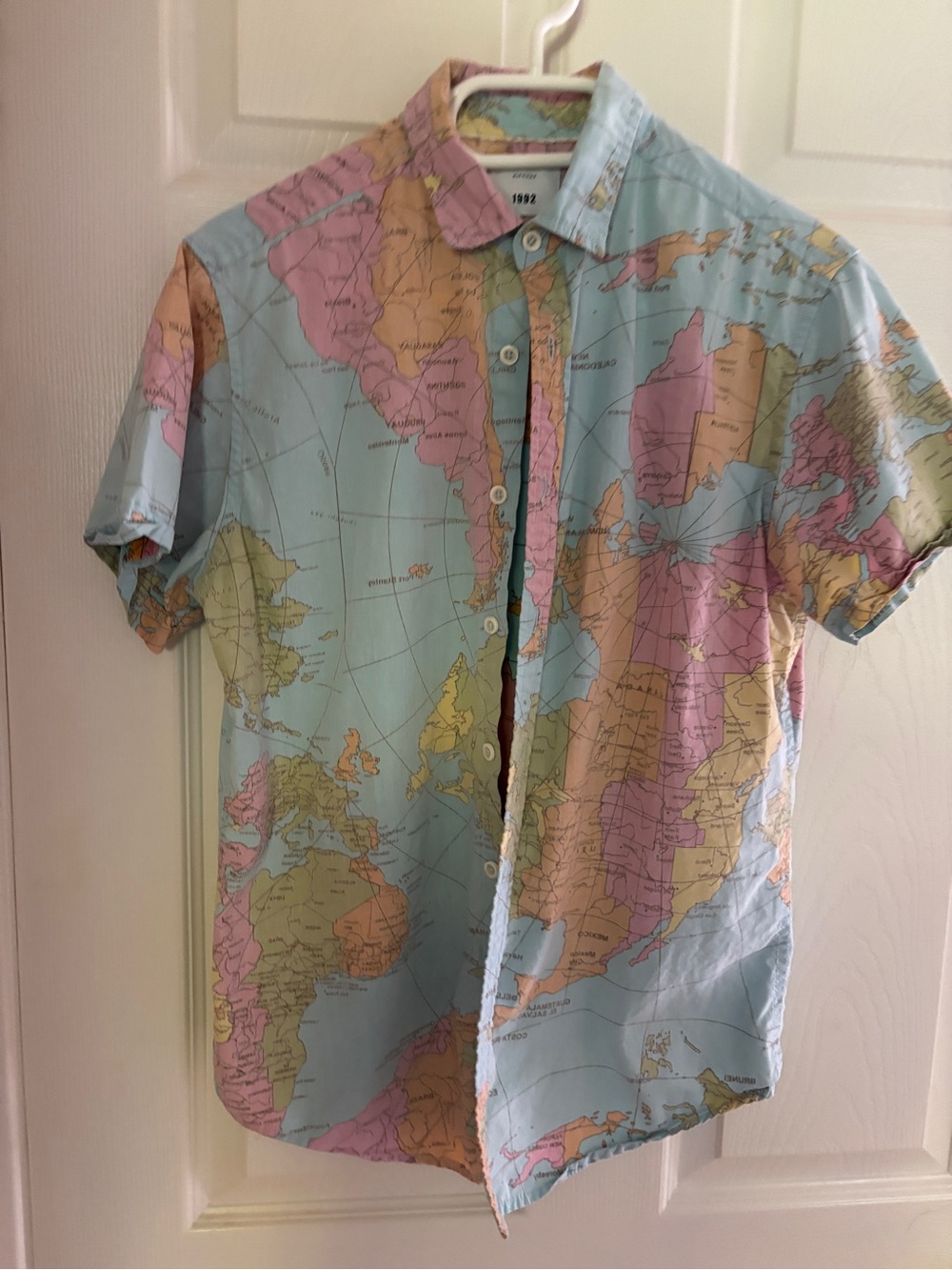 So cute! Map-Print Short Sleeve Shirt in Light Blue and Pink, 100% Cotton